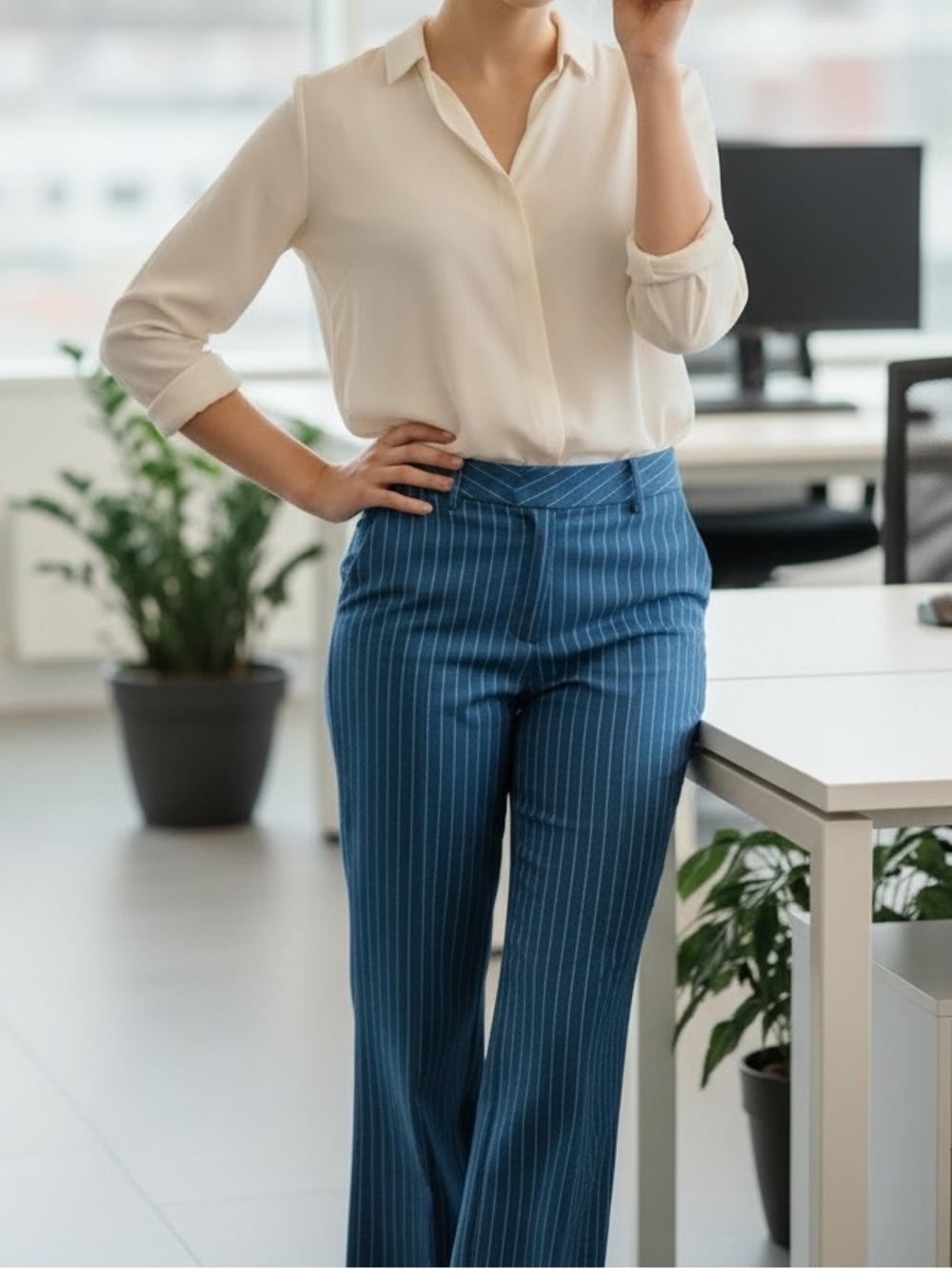 Blue Pinstripe Boot Cut Pants - Picture 2 of 6